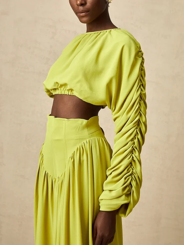 Vintage O Neck Long Sleeve Short Top High Waist A Line Skirts Suits Solid Loose Two Piece Set - Image 6