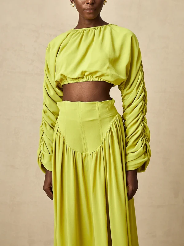 Vintage O Neck Long Sleeve Short Top High Waist A Line Skirts Suits Solid Loose Two Piece Set - Image 9