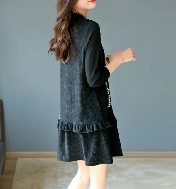 O-Neck Pockets Spliced Beading Ruffles Solid Color Casual Dresses - Image 5
