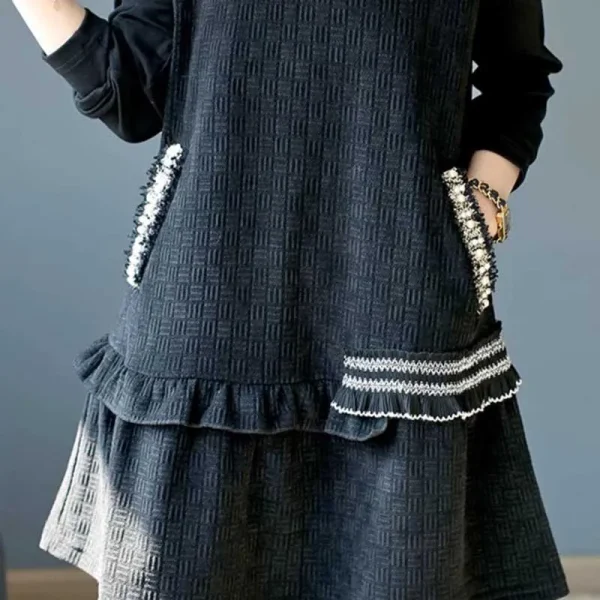 O-Neck Pockets Spliced Beading Ruffles Solid Color Casual Dresses - Image 4
