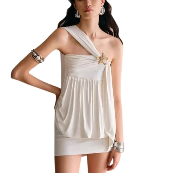 Oblique Shoulder Flower Patchwork High Waist Sleeveless Slim Club Party Dress - Image 5