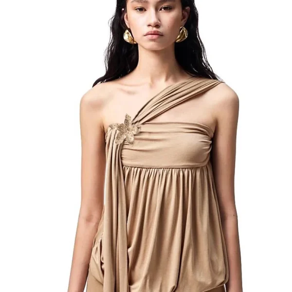 Oblique Shoulder Flower Patchwork High Waist Sleeveless Slim Club Party Dress - Image 10