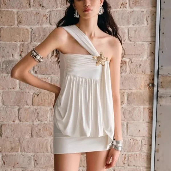 Oblique Shoulder Flower Patchwork High Waist Sleeveless Slim Club Party Dress - Image 2