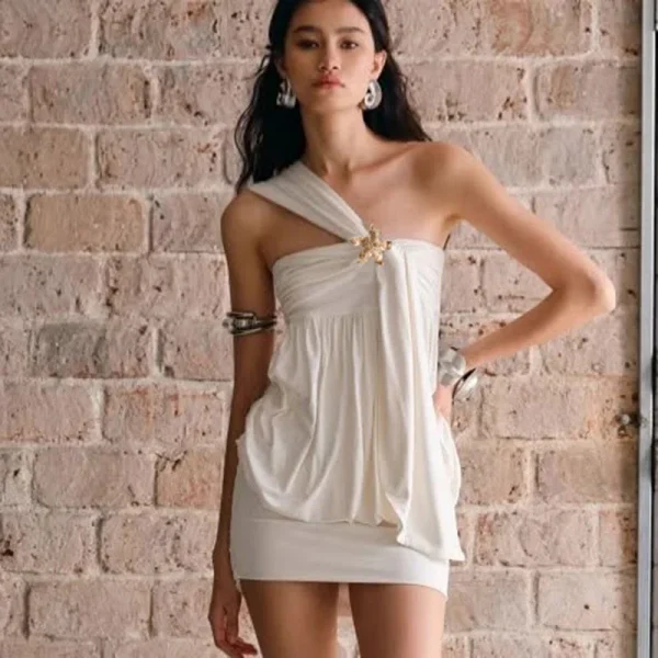 Oblique Shoulder Flower Patchwork High Waist Sleeveless Slim Club Party Dress