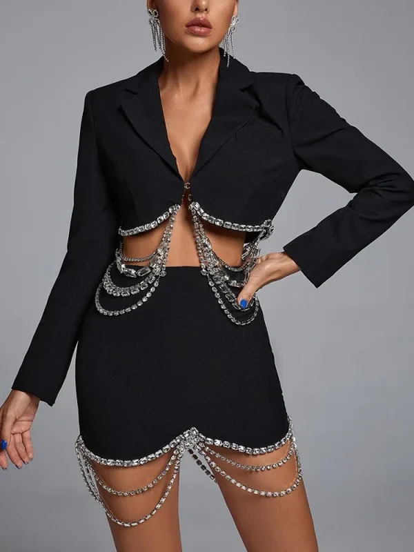 Patchwork Chain Lapel Long Sleeve Chic Blazers High Waist Mini Skirt Solid Set