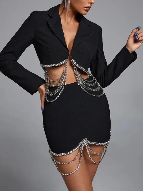 Patchwork Chain Lapel Long Sleeve Chic Blazers High Waist Mini Skirt Solid Set - Image 2