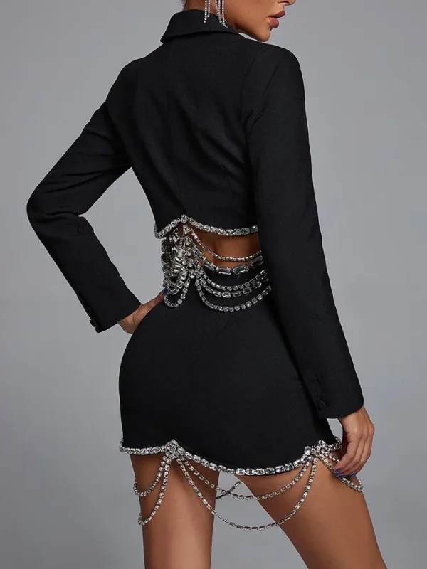 Patchwork Chain Lapel Long Sleeve Chic Blazers High Waist Mini Skirt Solid Set - Image 5