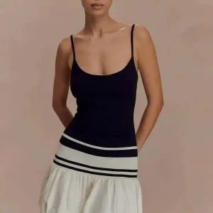 Patchwork Knit Spaghetti Strap Striped Backless Ruffles Mini Dress