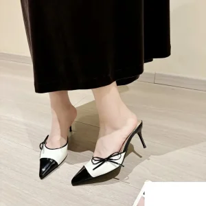 Pearl Design Pointed Toe Bow Mules Shallow Slip On Sling-back High Heels