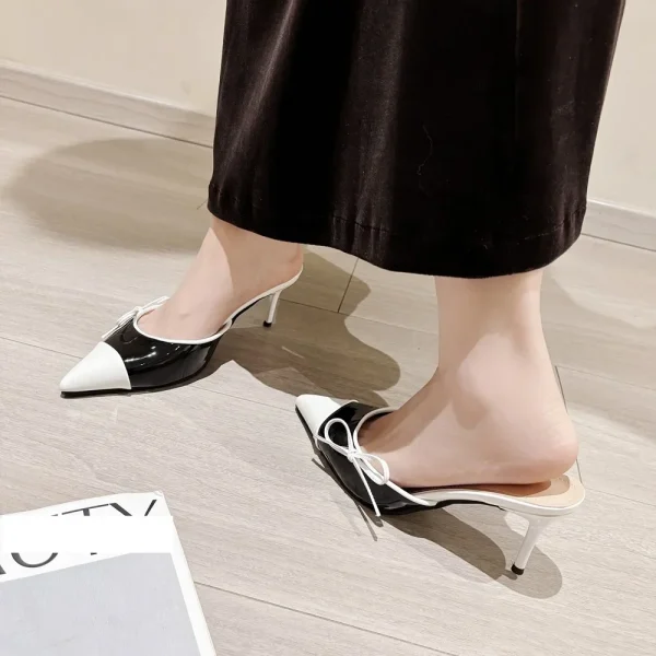 Pearl Design Pointed Toe Bow Mules Shallow Slip On Sling-back High Heels - Image 2