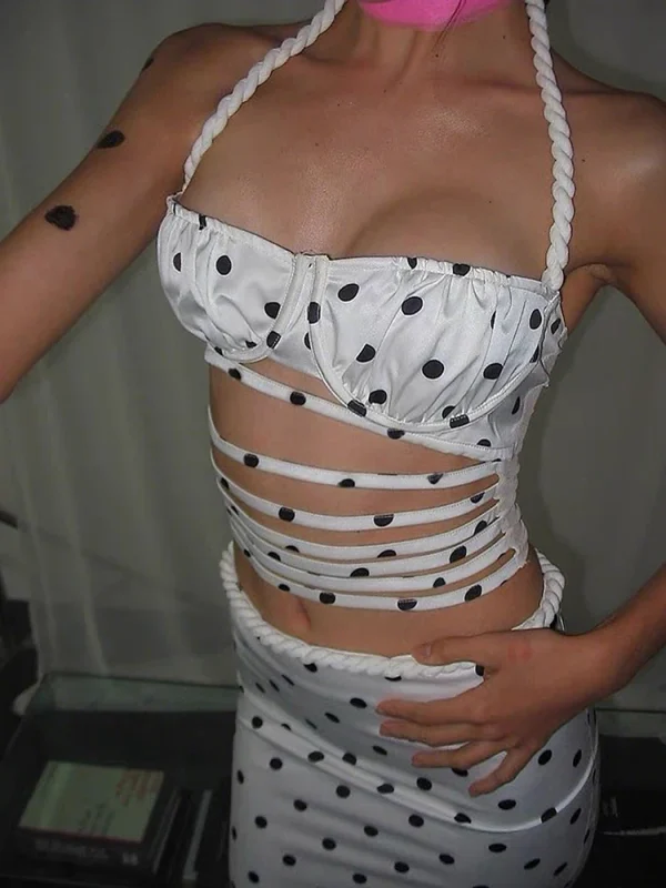 Polka Dots Print Halter Plait Hollow Stripe Camisole Mid Skirts Simple 2 Piece Set - Image 4