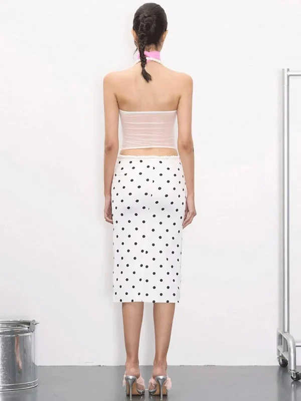 Polka Dots Print Halter Plait Hollow Stripe Camisole Mid Skirts Simple 2 Piece Set - Image 9