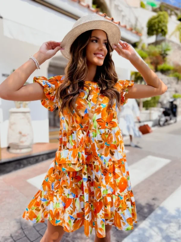 Print A-Line Patchwork Design Ruffles Decor O-Neck Flare Sleeve Mid Waist Slim Mini Dress - Image 3