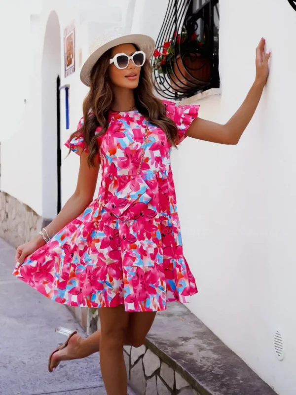 Print A-Line Patchwork Design Ruffles Decor O-Neck Flare Sleeve Mid Waist Slim Mini Dress