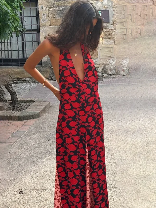Print Halter Backless Sleeveless Evening Party Maxi Dress