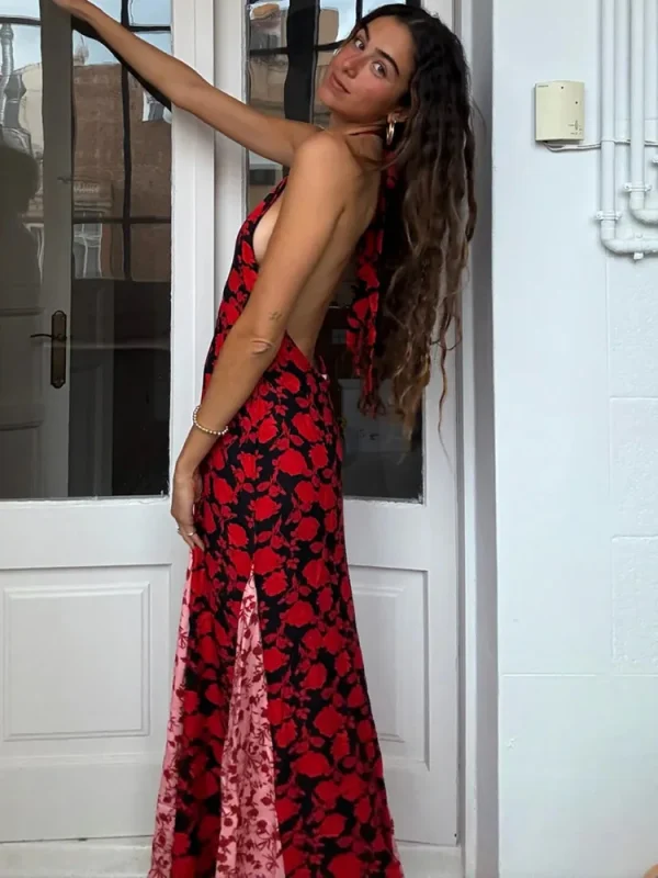 Print Halter Backless Sleeveless Evening Party Maxi Dress - Image 2