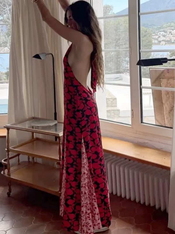 Print Halter Backless Sleeveless Evening Party Maxi Dress - Image 3