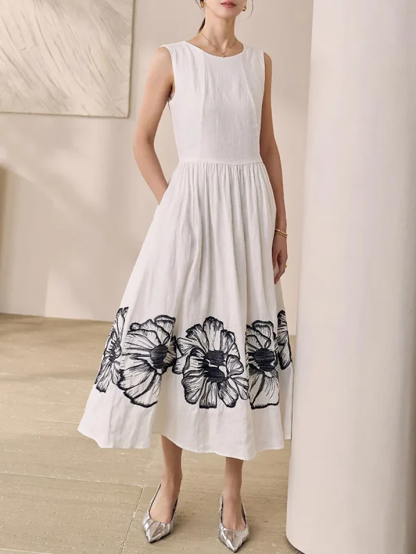 Printing O Neck Sleeveless High Waist Temperamnet Long Dress - Image 7