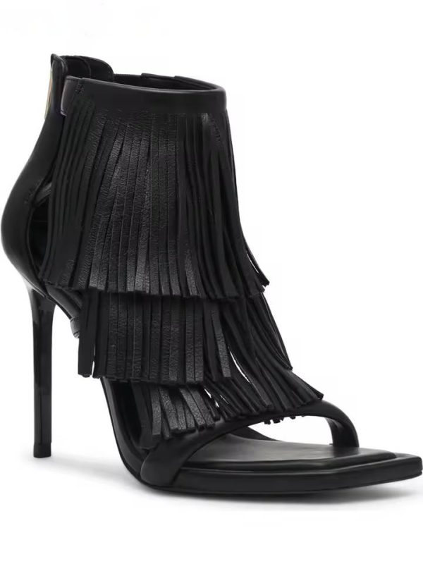 Retro Fringe Square Toe Back Zipper Stilettos Thin High Heels Sandals - Image 6