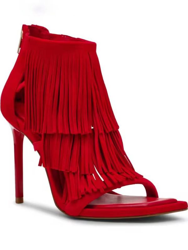 Retro Fringe Square Toe Back Zipper Stilettos Thin High Heels Sandals - Image 5