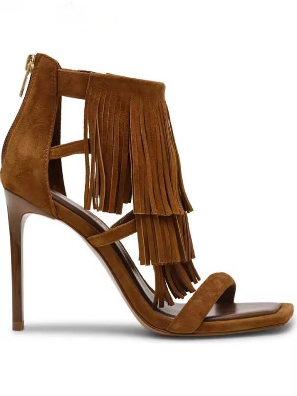 Retro Fringe Square Toe Back Zipper Stilettos Thin High Heels Sandals - Image 4