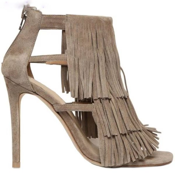 Retro Fringe Square Toe Back Zipper Stilettos Thin High Heels Sandals - Image 3