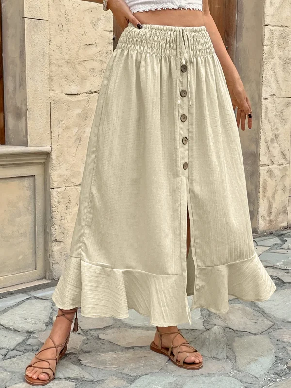 Retro Patchwork Elastic Waistband Button Ruffle Daily Versatile Split Full Length Skirt - Image 3