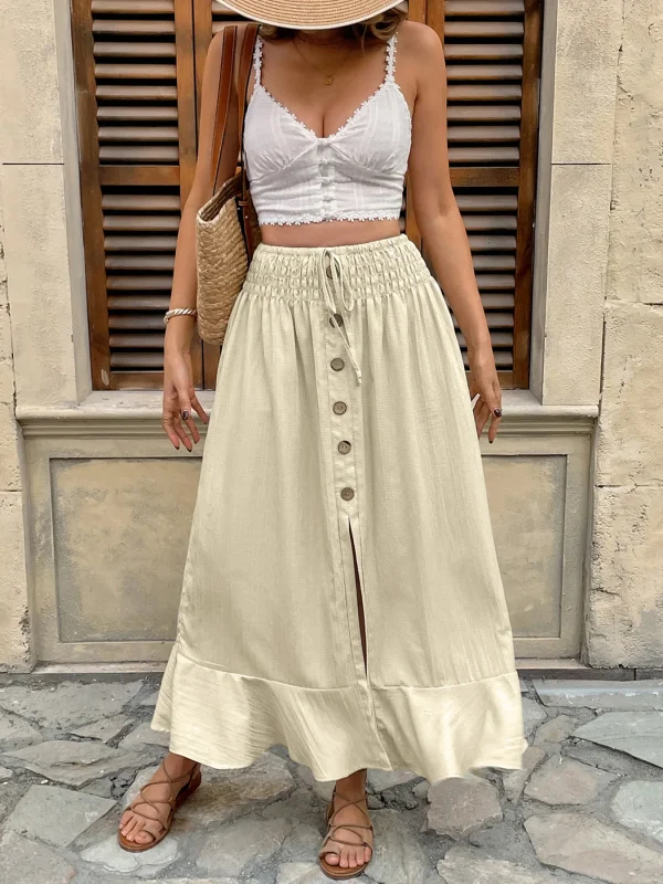Retro Patchwork Elastic Waistband Button Ruffle Daily Versatile Split Full Length Skirt