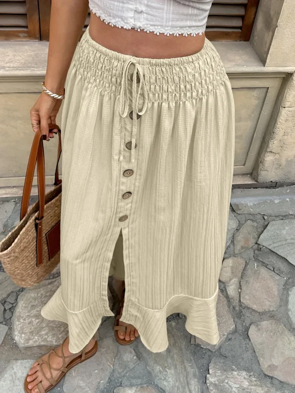 Retro Patchwork Elastic Waistband Button Ruffle Daily Versatile Split Full Length Skirt - Image 4