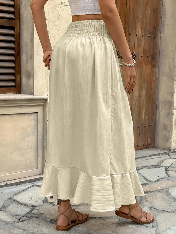 Retro Patchwork Elastic Waistband Button Ruffle Daily Versatile Split Full Length Skirt - Image 5