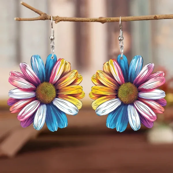 Retro Stainless Steel Plant Ethnic Style Colorful Sunflower Flower Acrylic Earrings - Image 3