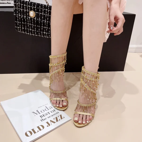 Rhinestone String Bead Ankle Strap Silk Round Toe Open Toe High Heels - Image 9