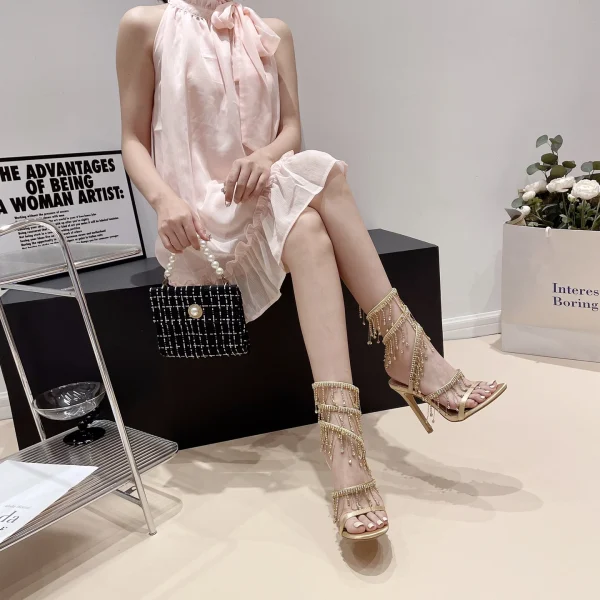 Rhinestone String Bead Ankle Strap Silk Round Toe Open Toe High Heels - Image 11