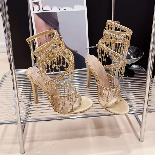 Rhinestone String Bead Ankle Strap Silk Round Toe Open Toe High Heels - Image 20