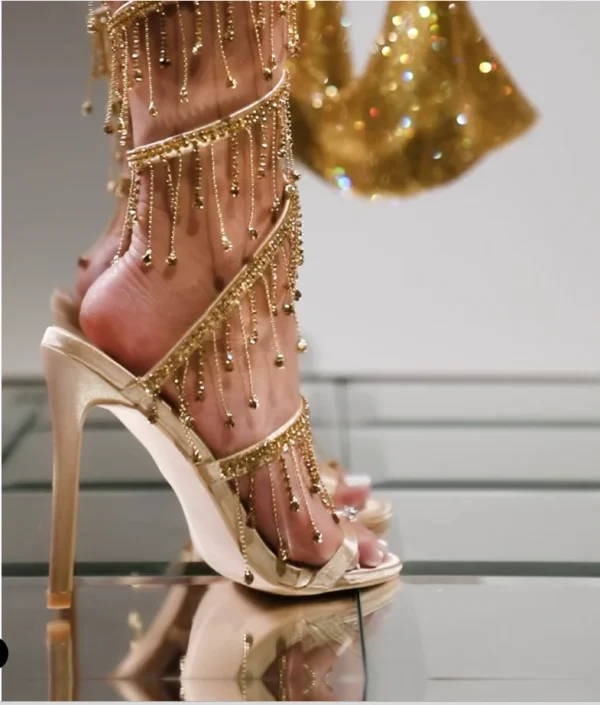 Rhinestone String Bead Ankle Strap Silk Round Toe Open Toe High Heels