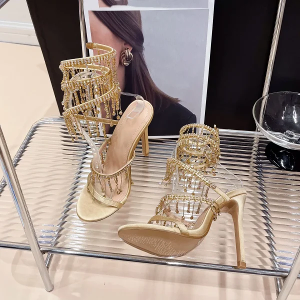 Rhinestone String Bead Ankle Strap Silk Round Toe Open Toe High Heels - Image 17