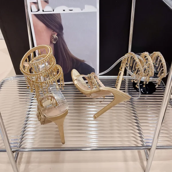 Rhinestone String Bead Ankle Strap Silk Round Toe Open Toe High Heels - Image 16