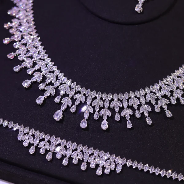 Romantic Cubic Zirconia Leaf Design Bridal Necklace Earring Water Drop 4PCS Jewelry Sets - Image 6