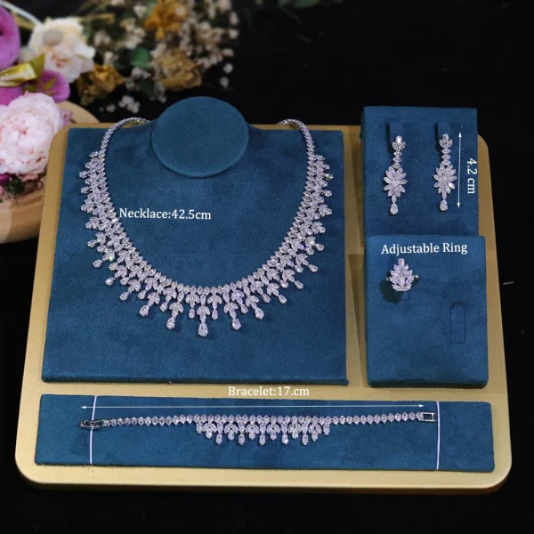 Romantic Cubic Zirconia Leaf Design Bridal Necklace Earring Water Drop 4PCS Jewelry Sets - Image 7