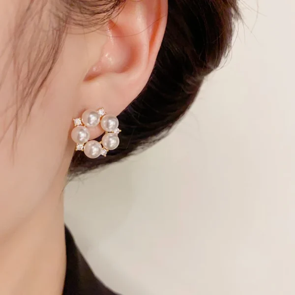 Romantic Geometric Imitation Pearl Crystal Beads Shiny Sweet Small Stud Earrings - Image 4