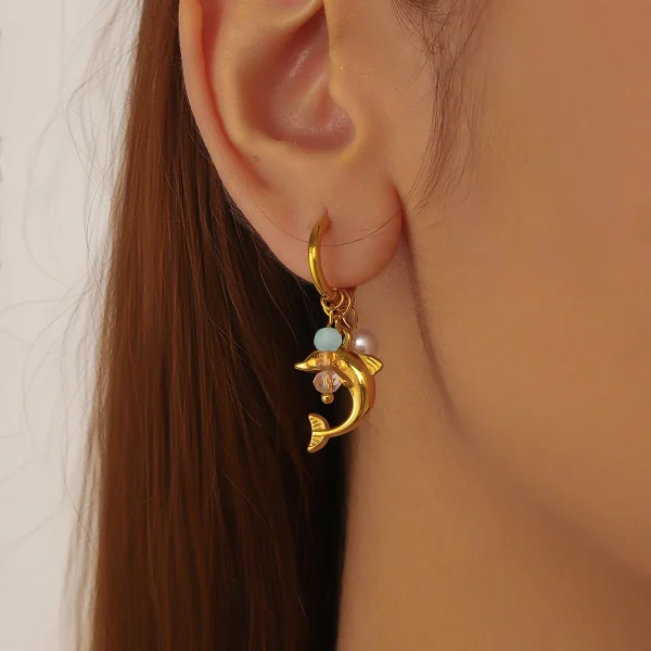Romantic Metal Stainless Steel Golden Dolphin Push-back Pearl Earrings
