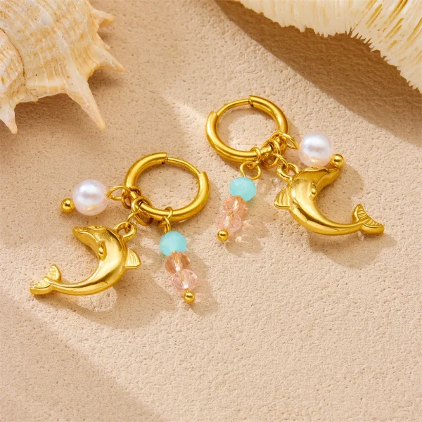Romantic Metal Stainless Steel Golden Dolphin Push-back Pearl Earrings - Image 4