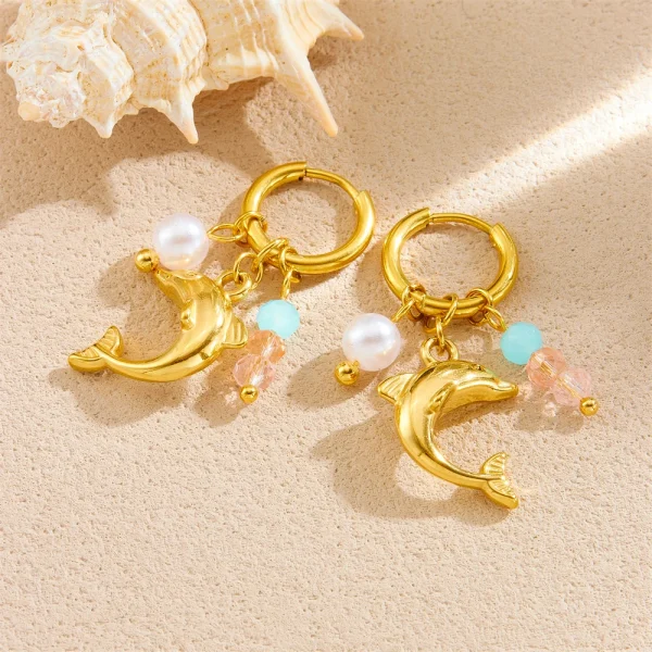 Romantic Metal Stainless Steel Golden Dolphin Push-back Pearl Earrings - Image 3