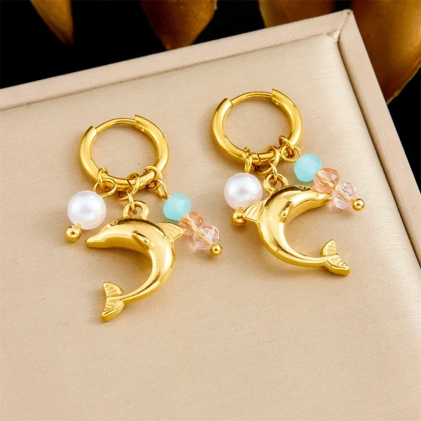 Romantic Metal Stainless Steel Golden Dolphin Push-back Pearl Earrings - Image 2
