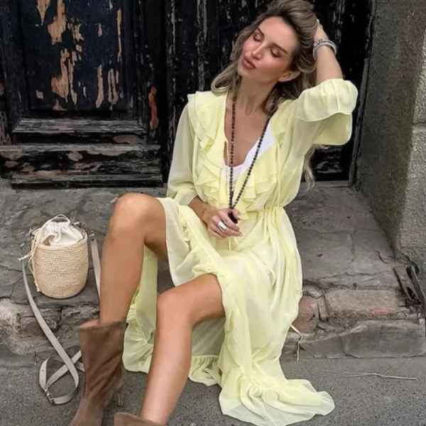 Casual Ruffle Loose Lace-up Patchwork Ruffle Party Vacation Long Dresses - Image 6