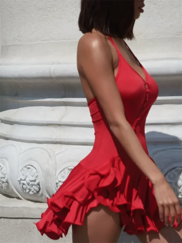 Ruffle V Neck Sleeveless Backless High Waist A-line Club Party Dresses - Image 10