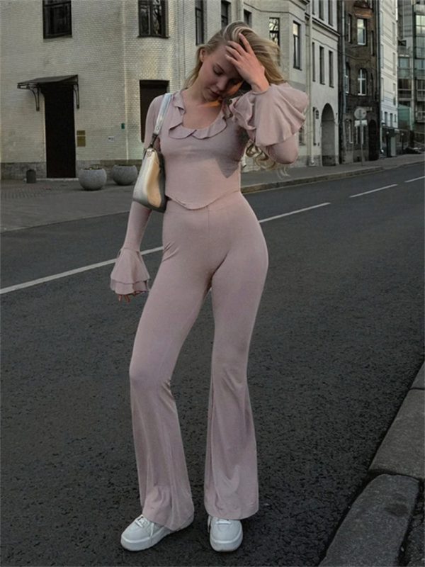 Ruffles Long Sleeve T Shirt Tops Casual Skinny Trousers Pants Tracksuit - Image 6