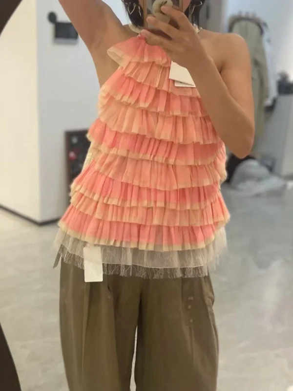 Ruffles O Neck Sleeveless Minimalist Mesh Vest Style Tank Top - Image 4