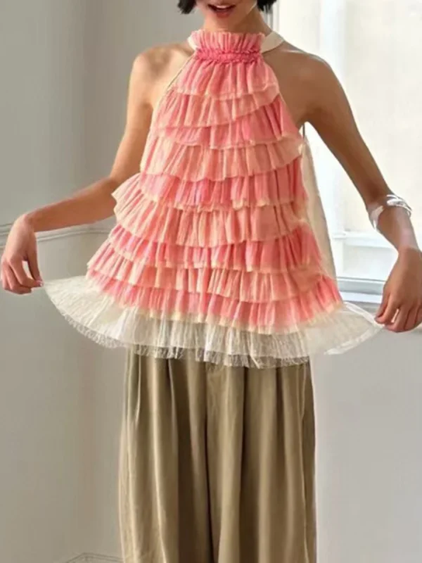 Ruffles O Neck Sleeveless Minimalist Mesh Vest Style Tank Top - Image 3
