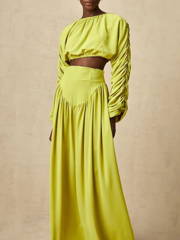 Vintage O Neck Long Sleeve Short Top High Waist A Line Skirts Suits Solid Loose Two Piece Set - Image 13